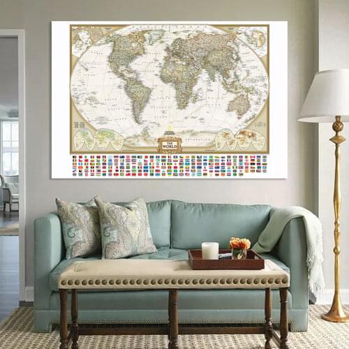 225*150cm The Vintage World Political Map with National Flags Detailed Poster Spray Canvas Painting Home Decor School Supplies