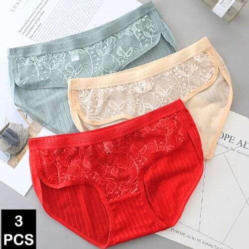 3PCS/Set Cotton Underwear Womens Panties Set Comfort Underpants Floral Lace Briefs For Woman Sexy Low-Rise Pantys Intimates M L