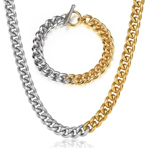9mm Stylish Bicolor Necklace Bracelet Set for Men Women Stainless Steel Cuban Curb Chain Gold Silver Color Unique DN219A