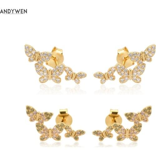 ANDYWEN 925 Sterling Silver Three Butterfly Stud Earring Colorful Olive Champagne Piercing Pendiente Luxury Zircon Jewelry Gift