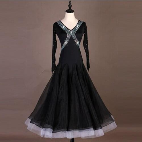 Ballroom Dance Dresses Blue Womens Training Spandex Crystals/Rhinestones Long Sleeve Waltz Dancing Dress