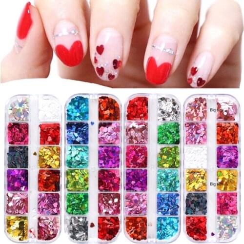 12-grid Red Love Heart Nail Glitter Flakes Sparkly Mixed Laser Pink Gold Nail Art Sequins Paillette Manicure 3D Decor Decoration