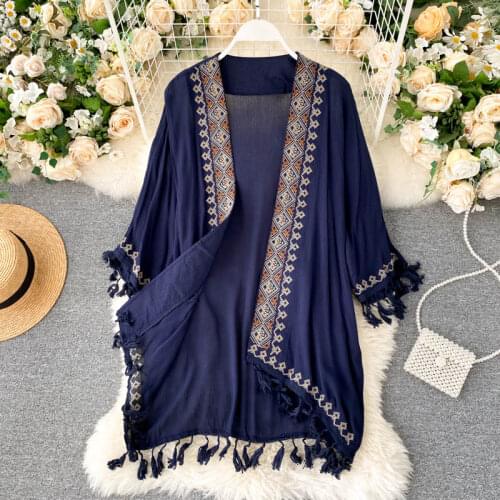 Bohemian Vintage Embroidery Woman Long Kimono Shirt Ethnic Loose Cardigan Tops Holiday Sunscreen Blouses Women Outer Cover