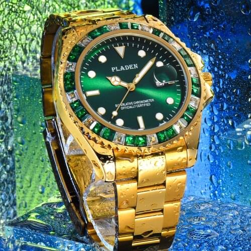 PLADEN Diving Watch Men Green Dial Square Diamond Sapphire Glass Clock Wristwatch Japanese Quartz Movement Luxury Brand Relojes