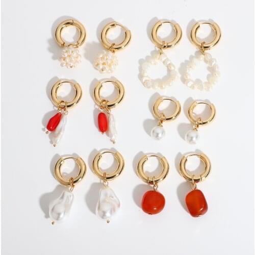 French Vintage Pearl Red Corals Huggies Earrings For Women Gold Plated Brass Natural Crystals Hoop Earrings Jewelry Accessories