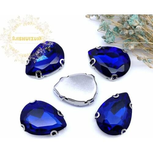 Best-selling!Sapphire blue Water drop shape Glass Crystal sew on rhinestones with D-SHAPE claw Diy Wedding dress and Shoe