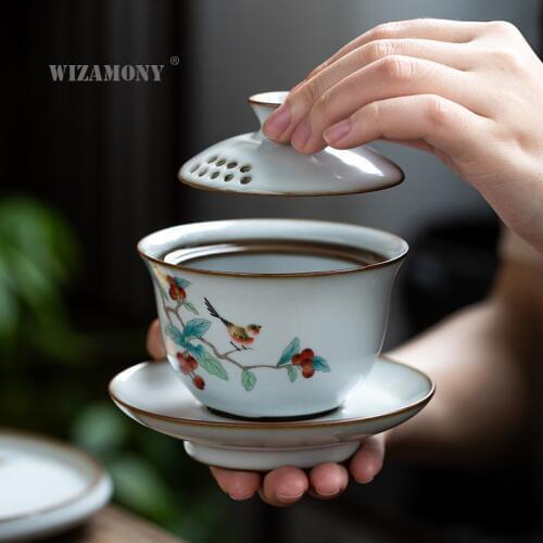 WIZAMONY Ceramic Bowl Tea Cup Household Large Three-Force Cover Bowl Ru Kiln Gracked Glaze Handmade Tea Set jingdezhen tea cup
