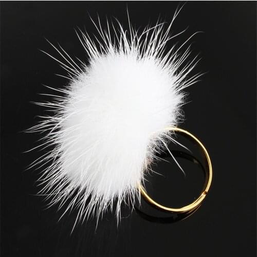 Fashion Fluffy Mink Fur Ball Pompom Ring Boho Genuine Soft Leather Party Rings for women Adjustable Size Jewelry Gift