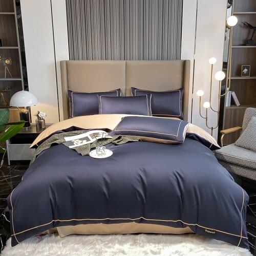 100% Cotton Bedding Set Home Textile Embroidery Sheet Quilt Pillowcase dark blue Bedding 4Pcs Set King Queen Twin Size