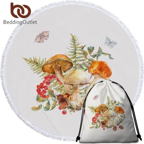 BeddingOutlet Mushroom Round Beach Towel Watercolor Tassel Picnic Mat Botanical Leaf Yoga Mat Butterfly Microfiber Towel 150cm