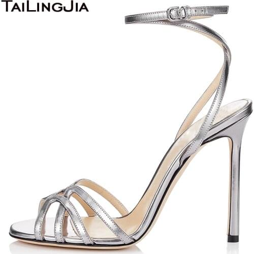 Metallic Silver Gold Wrap Around High Heel Sandals Women Latest Black Heeled Summer Shoes Ladies Red Evening Dress Heels 2020