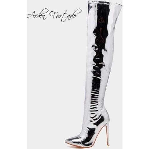Arden Furtado Fashion Womens Shoes Winter Sexy Silver Pointed Toe New Zipper Over The Knee High Boots