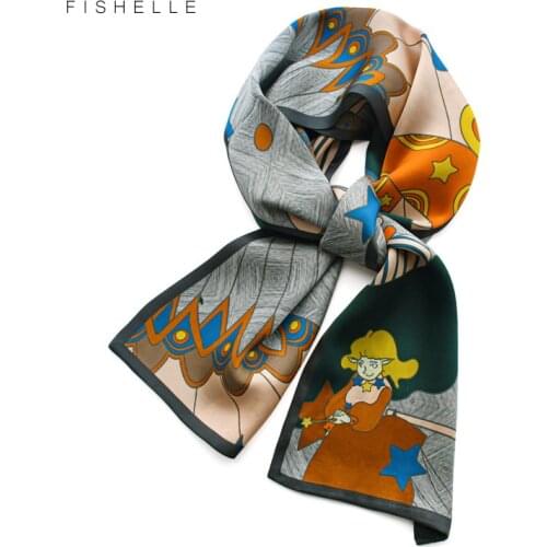Cartoon girl painting 100% silk grey scarf women luxury hair towel scarves for girls brand hijab headband ribbon handkerchief