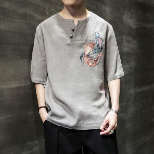 Summer Men Cotton Linen Blouse Short Sleeve T Shirt Chinese Traditional Clothes Male Hanfu Tang Suit Streetwear Tees Tops KK3402