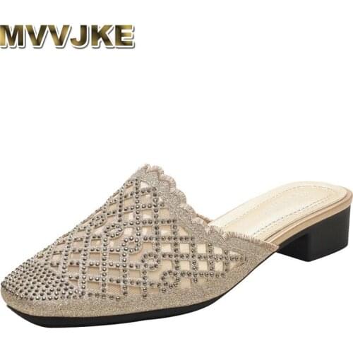 MVVJKEFashion Rhinestone Sandals Women Slippers Diamond Yards Summer Sandals Thick High Heels Female Sandals Shoes