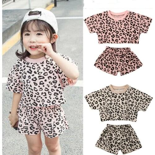 Wholesale Fashion Kid Baby Girls Summer Outfits Clothes Sets 2pcs Leopard Print Short Sleeve T-shirt Top+Shorts Outfit