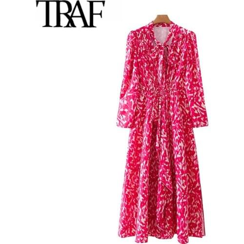 TRAF Women Fashion With Bow Tied Print Ruffled Midi Dress Vintage Long Sleeve Side Slit Female Dresses Vestidos