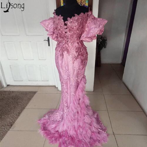 Elegant African Mermaid Prom Dresses Off Shoulder Short Sleeves Lace Appliques Evening Dress with Feather Chic Gown abendkleider