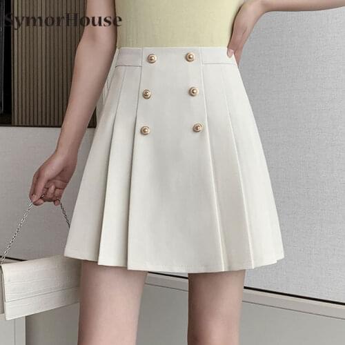 Pleated Skirt Woman Black Kawaii Summer Mini Skirts Plus Size 2021 Fashion High Waist Button A-Line Skirts Cute Sweet Girls