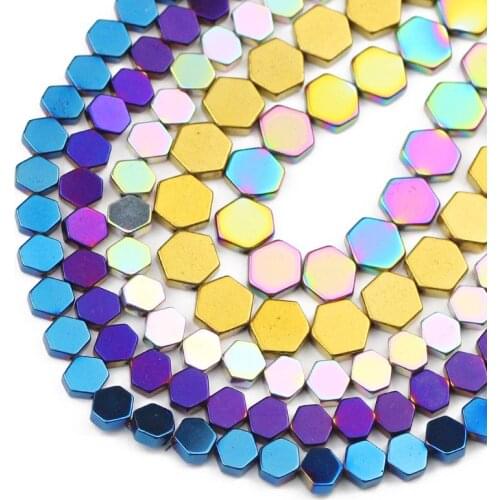 Flat Hexagon Hematite Blue,Gold,Green,Purple Natural Stone Spacer Loose Beads For Jewelry Making Diy Bracelets Findings 4/6/8MM