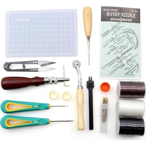 Profession Leather Sewing Tool Set Contain Cut Mat Awl Needle Wax Thread Grooving, Round Hole Punch Leathercraft DIY Craft Kit