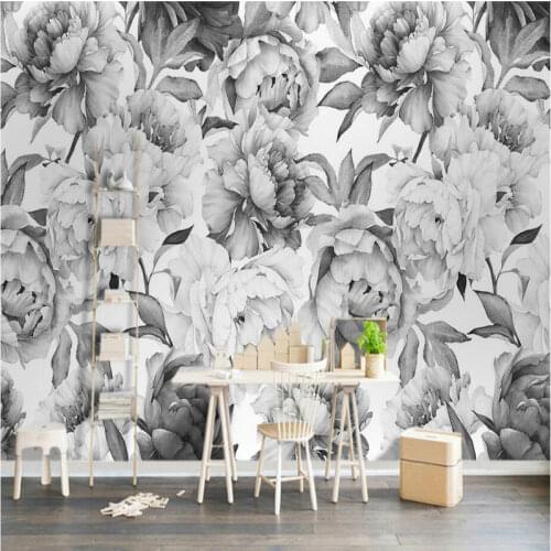Nordic 3D Black and White Peony Flower Mural Floral Wallpapers for Living Room Bedroom Vintage Home Improvement Wall Paper 3D