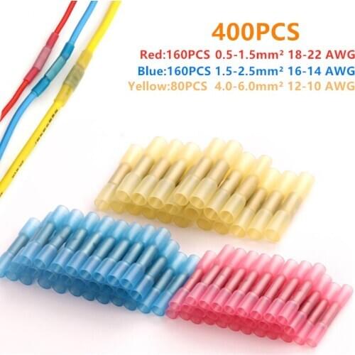400PCS Waterproof Heat Shrink Connectors Insulated Crimping Terminal Butt Electrical Splice Wire Cable Crimp Connector 22-10AWG