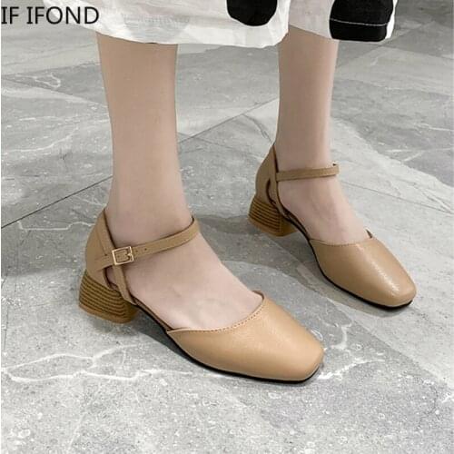 IF IFOND Summer Ankle Strap Low Heel Shoes Women Square Toe Patent Leather Pumps Female Elegant Wedding Party Buckled Sandals