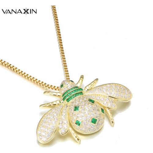 VANAXIN Big Bee Green CZ Insect Jewelry Lovely Necklaces&Pendants For Men Hip Hop Shiny CZ Charm Bijoux Homme Gold/Silver Color
