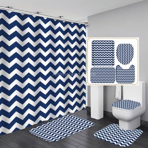 Blue White Ripple Shower Curtain With Non Slip Rug Mat Bathroom Curtains Waterproof Polyester Bathroom Curtain with Hooks Modern