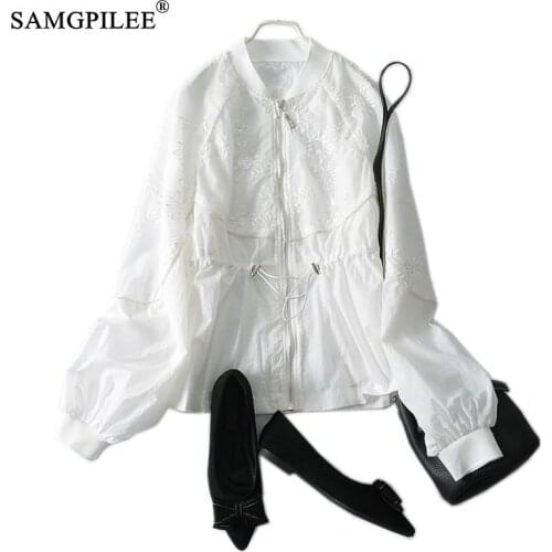 2021 Summer Short Jackets Women Stand Collar Embroidery Sequin Drawstring Waist Zipper Cardigan Sun Protection Coat Woman 4XL