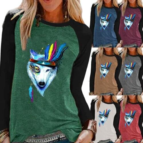 Autumn Women Fashion Casual Long Sleeve Top Wolf Print Round Neck Loose T-shirt Pullover Sweatshirt Oversized Ladies T-shirt