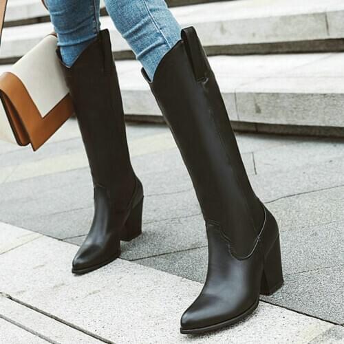 2020 Winter Women Western Boots Square Heel Pointed Toe Women Cowboy Boots Fashion PU Leather Knee High Boots Black White Brown