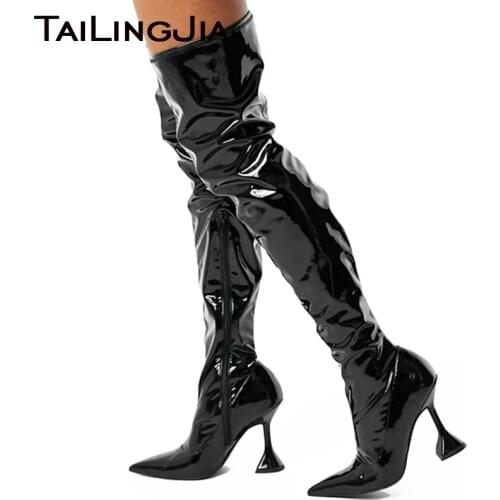 Black Patent Leather Long Boots for Women Pointed Toe Sexy Over the Knee Boots 2020 New Arrival Large Size Footwear Hoof Heels