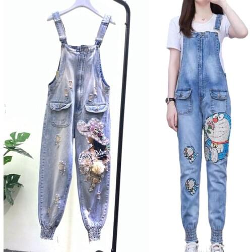Women Denim Jumpsuit Ladies Spring Fashion Loose Jeans Rompers Beaded Sequins Butterfly Female Casual Plus Size Overall Playsuit