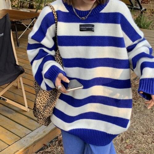 Stripes Color Matching Japanese Sweater Women Autumn Winter Pullover Mid-Length Sweater Loose Oversized Ladies Knitwear TT0178