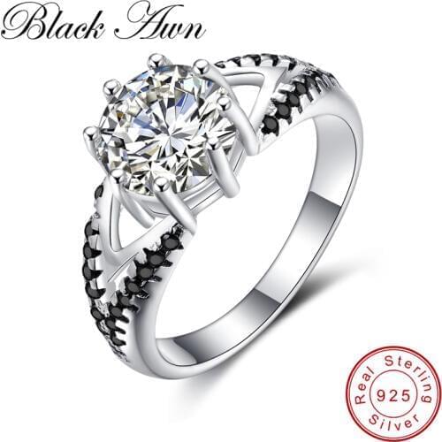[BLACK AWN] Vintage Engagement Rings for Women Genuine Elegant Sterling 925 Silver Jewelry Black&White Stone Bague Bijoux C252