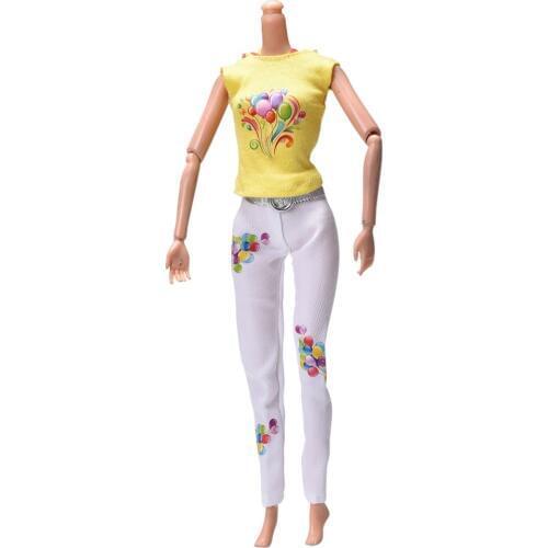 1 Set= Yellow Tank+ White fashion Pant Suits For Barbie Summer Flower Print Dolls Clothing For Girls Toy Gifts high quality