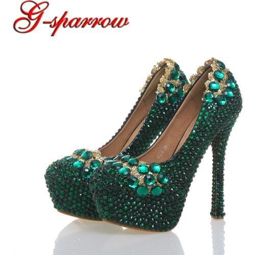 Handmade Glitter Green Rhinestone Shoes Platform Customize Bridal Shoes Annversary Ceremony Party Pump Mother of Bride Shoes