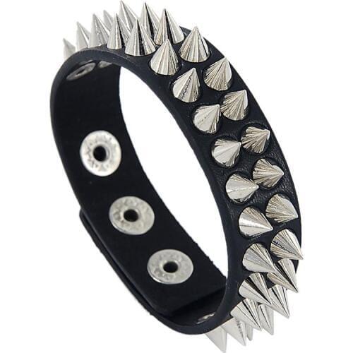 Gothic Delicate Cuspidal Spikes Rivet Cone Stud Cuff Black Leather Bracelets Bangles Punk Bracelet For Women Men Jewelry
