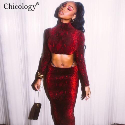 Chicology Snake Print Two Piece Matching Set Long Sleeve Crop Top Midi Dress 2020 Winter Fall Club Clothes Fashion 2 Pc Outfits