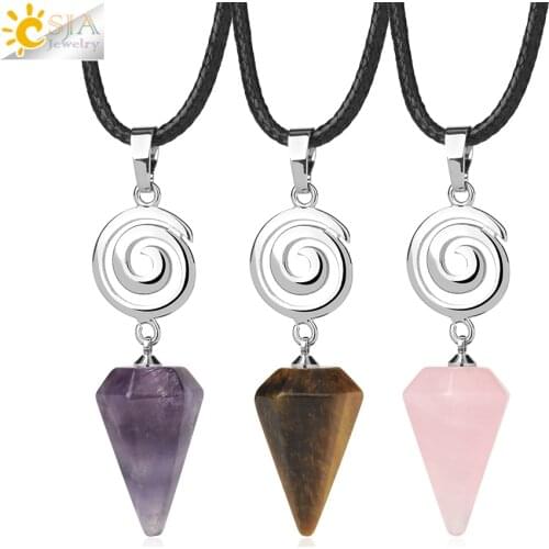 CSJA Natural Stone Pendant Necklace Cone Spiral Crystal Necklaces for Women Luck OM Symbol Healing Quartz Jewelry Tiger Eye G762