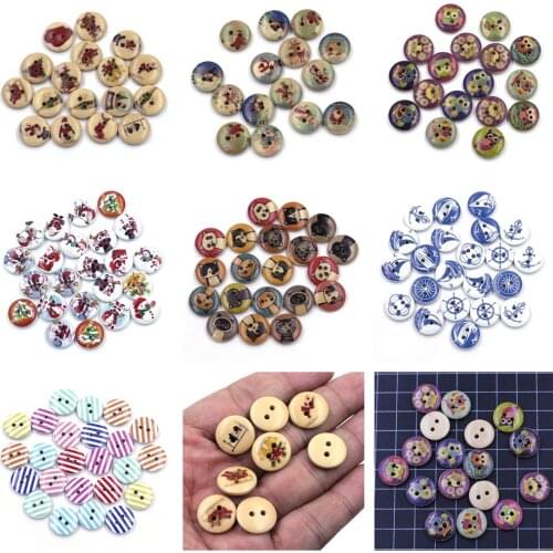 20Pcs Wooden Buttons Owls Ship Strips Christmas Animal Patterns Round 2 Holes Wood Sewing Scrapbook Accessories 15mm