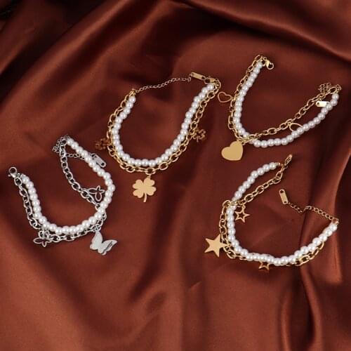 Double layer Bracelet Stainless Steel Bracelets For Women Pearl Bracelet Heart Charm Butterfly Bracelet Star Bracelet Jewelry