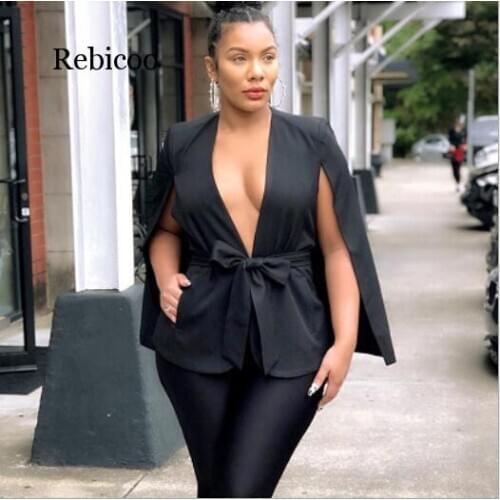 Plus Size Elegant Cape Coats Spring V Neck Overcoats Women Solid Long Sleeve with Belt Jackets Blusas Female Tunic Tops