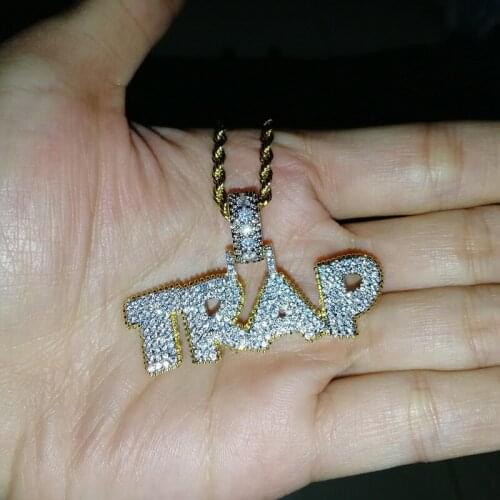 Hip Hop Full AAA Zircon Paved Bling Iced Out Big Gold TRAP Letters Pendants Necklace for Men Rapper Jewelry Drop Shipping