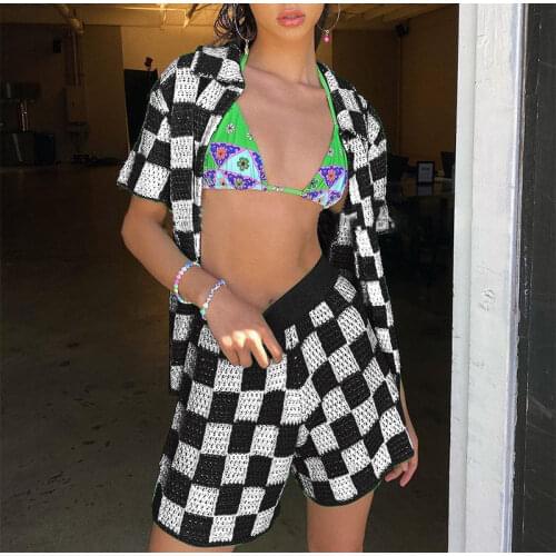 Hirigin Casual Knit Lounge Wear Women Tracksuit Summer Shorts Set Green Plaid Shirt Tops And Mini Loose Shorts Two Piece Set