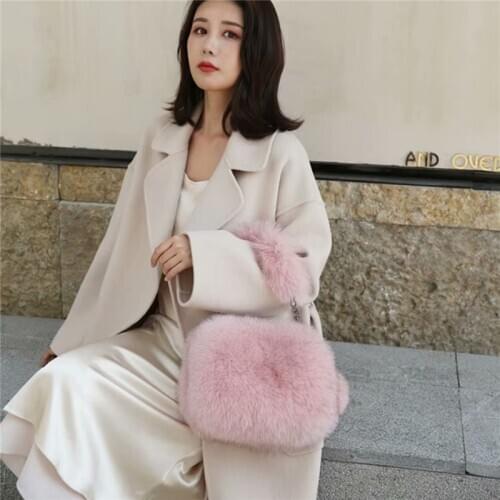 IANLAN Women Import Full-pelt Fox Fur Handbag Genuine Cowhide Crossbody Bags Ladies Fluffy Fur Shoulder Bags IL00530
