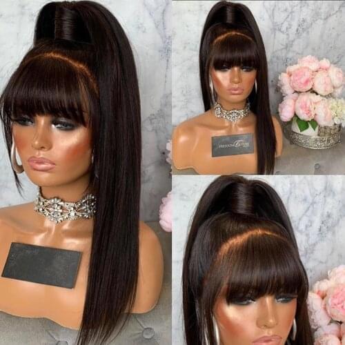 Indian 360 Lace Frontal Human Hair Wigs With Bangs Silk Top Fringe Full Lace Wig Transparent 13x6 Lace Front Wig Natural Hairlin