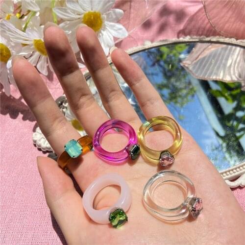 Ins Aesthetic Colorful Transparent Resin Acrylic Crystal Korean Geometric Irregular Square Rings for Women Trendy Jewelry